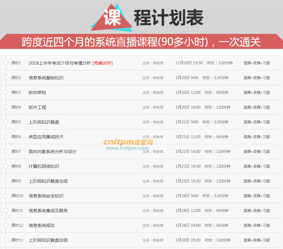 2018上半年系统集成项目管理工程师培训直播课程表